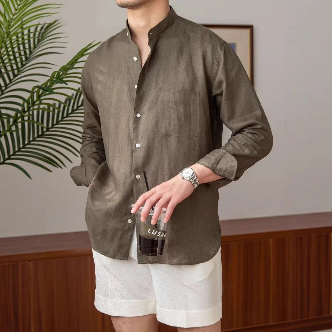 

Casual Breathable Pure Linen Long Sleeve Shirt Versatile Vacation Collar Shirt Men's Henry Collar Top