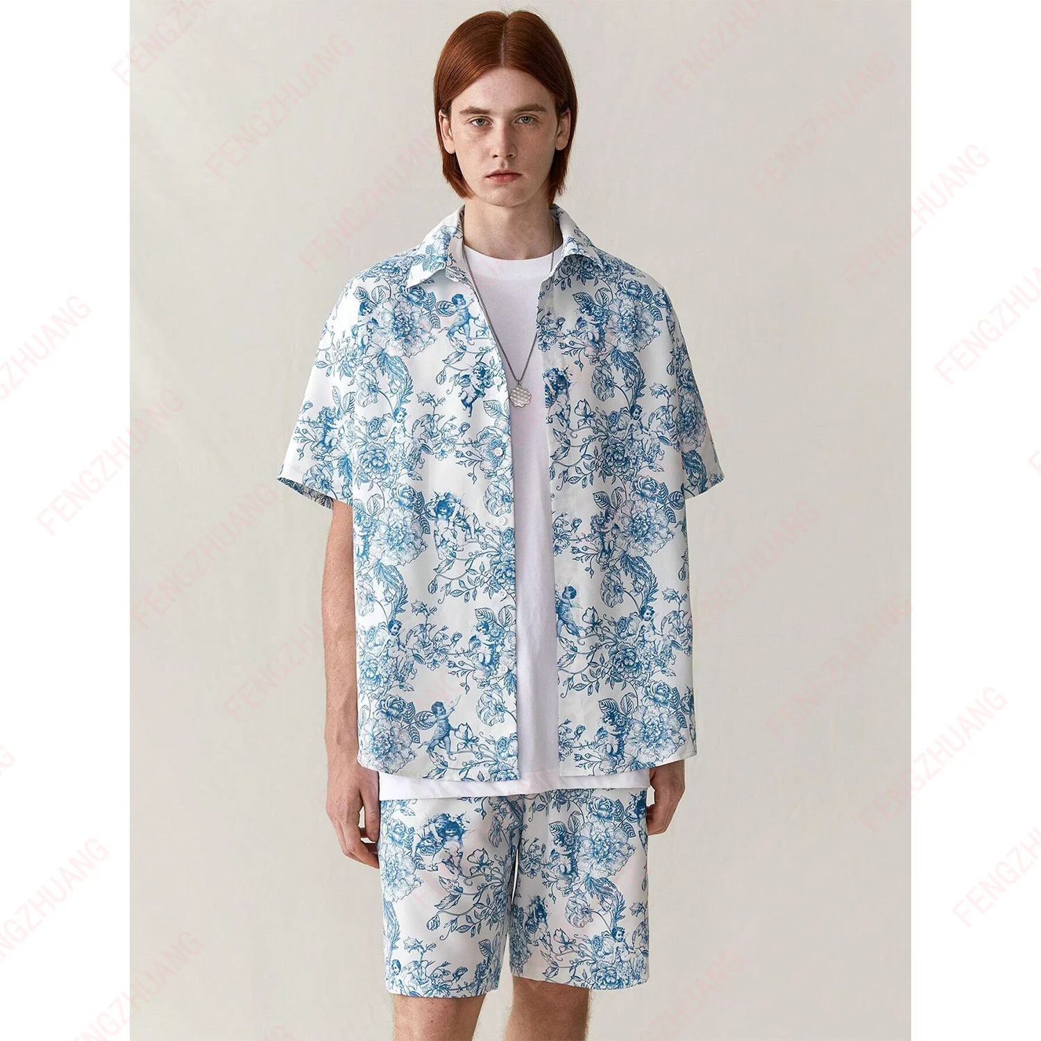 

Summer Casual Angel & Flower Printed Short Sleeve Shirt And Shorts Perfect for 2-piece Sett