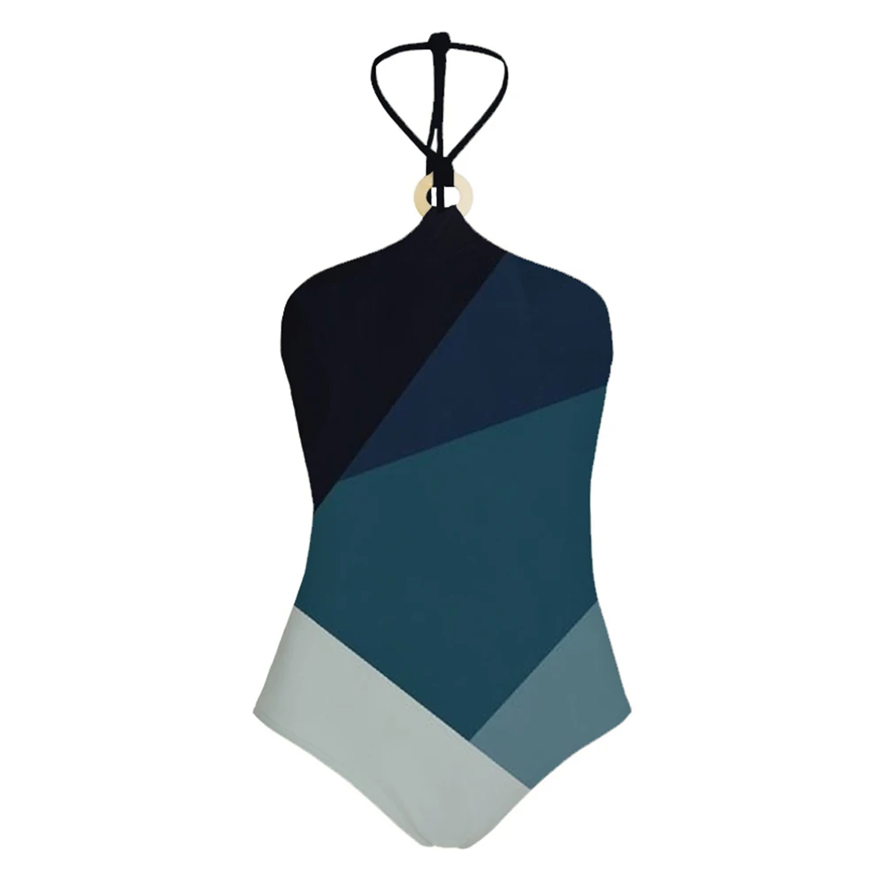 Women Color Block Swimwear Hanging Neck One Piece Swimsuit Cover Up Summer Sexy Backless Swimming Costume Fashion Beach Bikini