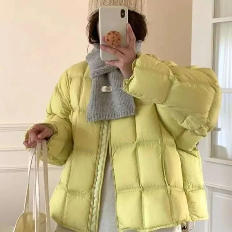 Winter New Korean Version 2026 O-Neck Cute Small Grid Loose Warm Bread Clothing Down Cotton-padded Coat Women Puffer Parkas