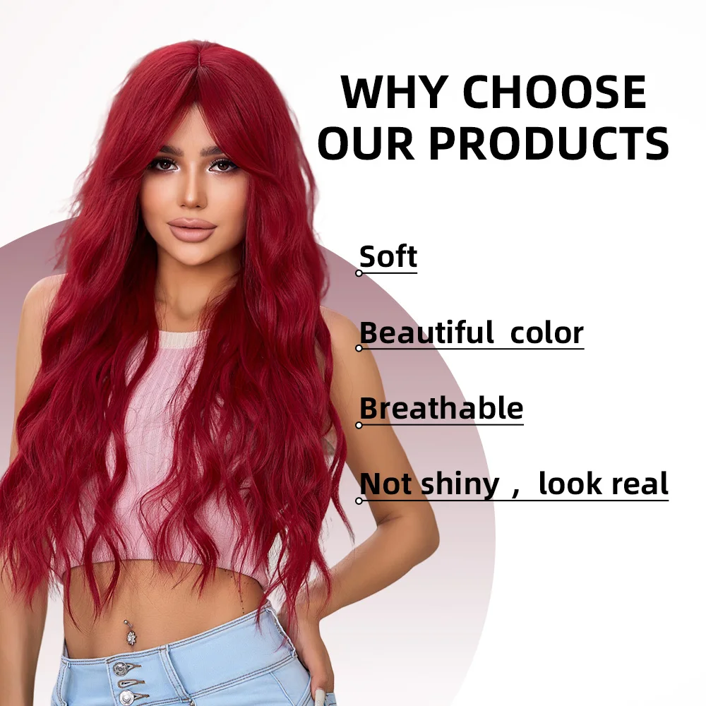 oneNonly Long Red Wig with Bangs Wave Synthetic Wigs for Women Halloween Party Cosplay Natural Heat Resistant Hair