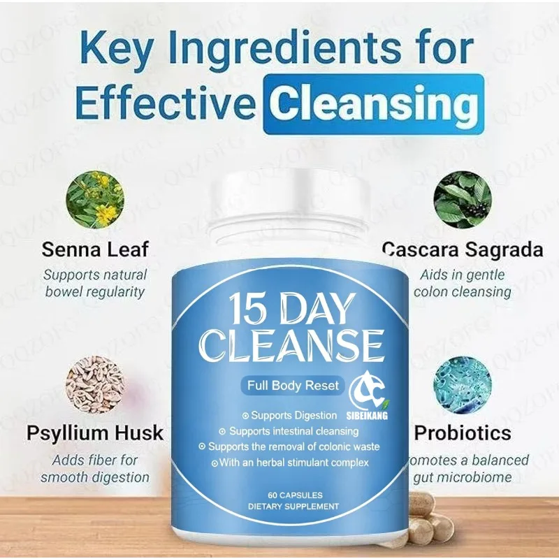 Cápsula de limpieza de colon de 15 días con probióticos, senna, complejo herbal de cáscara de Plantago asiatica - Apoyo para la salud digestiva intestinal