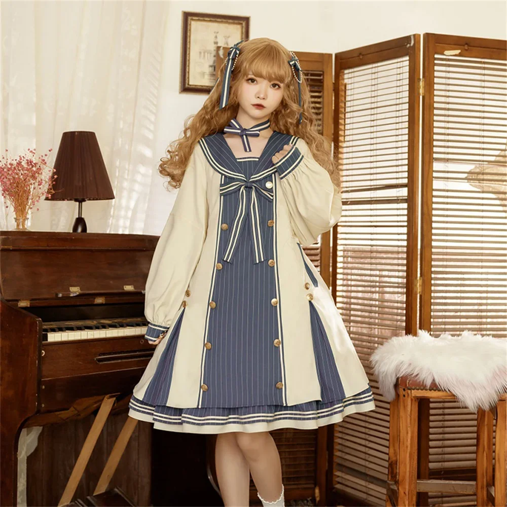 Autumn Girls Navy Large Size 4xl Lolita Dress Sweet Woman Princess Button Striped Bowknot Puff Sleeve Cosplay Lolita Op Loli