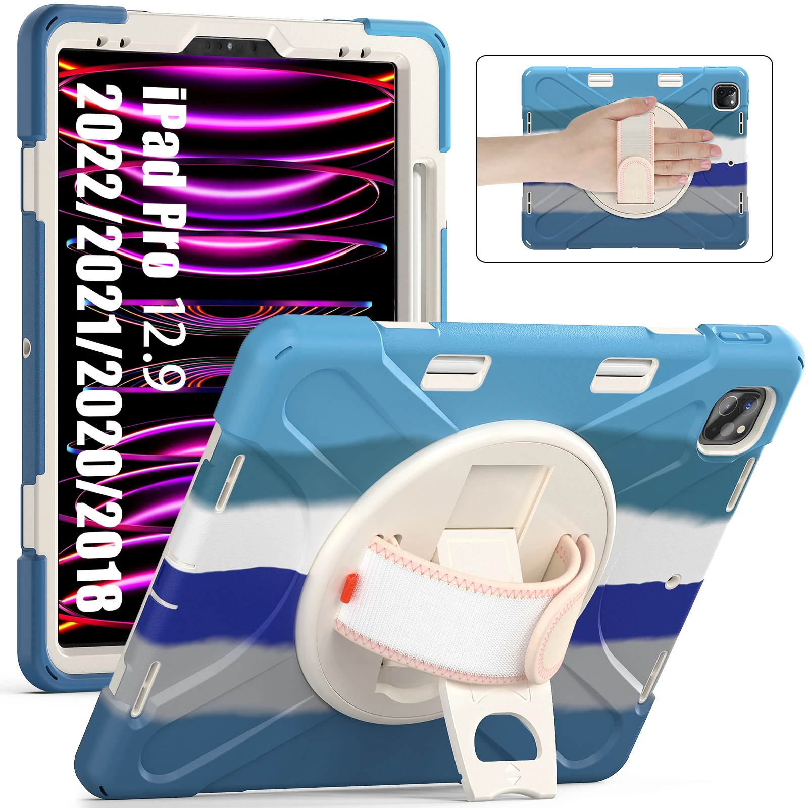 

For iPad Pro 12.9-inch (2022) / (2021) / (2020) / (2018) X-Shape PC + TPU Combo Kickstand Case with Hand Strap - Blue/White
