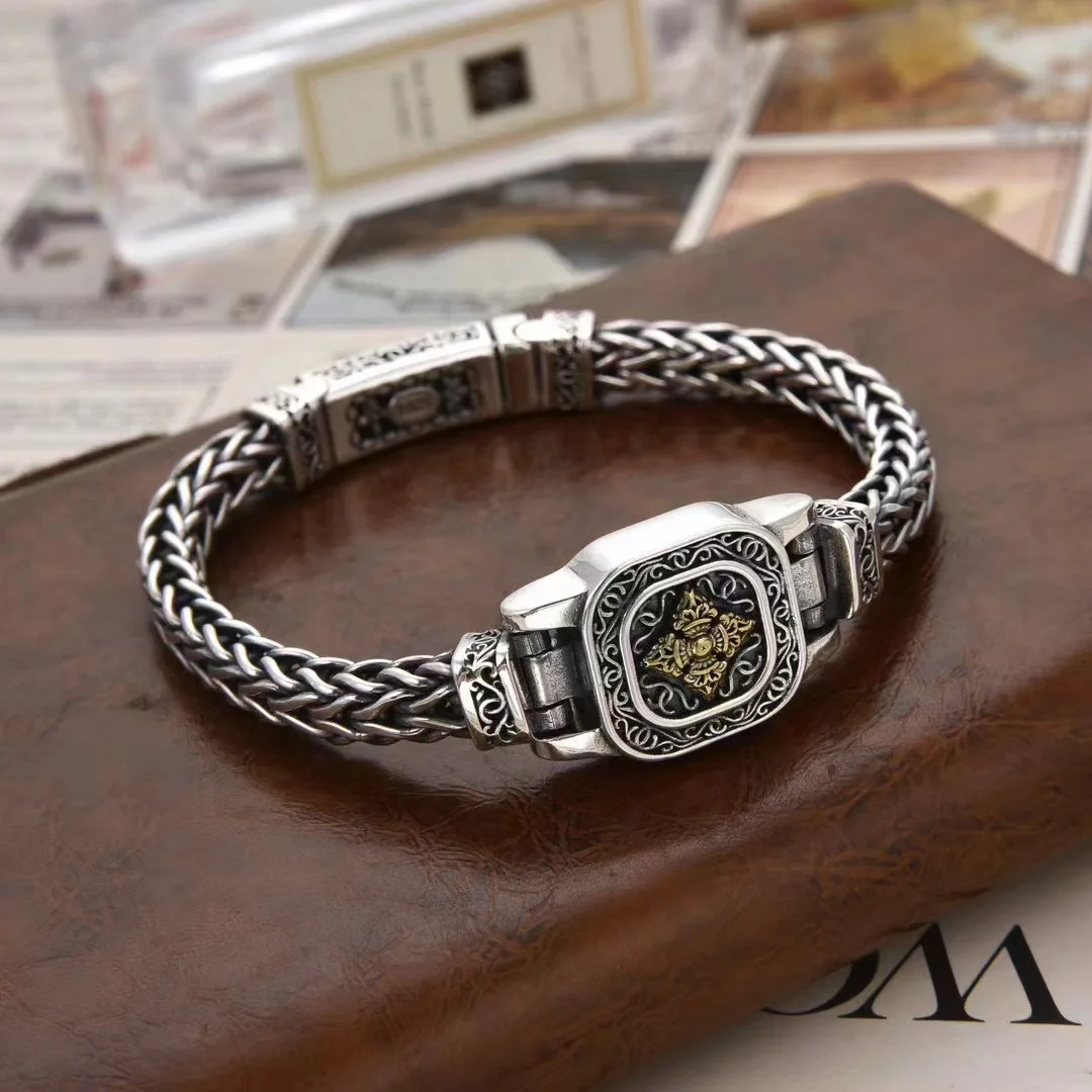 s925 sterling silver bracelet men's fashion trend Vajra vintage Thai silver woven six words mantra twist hemp flowers chain