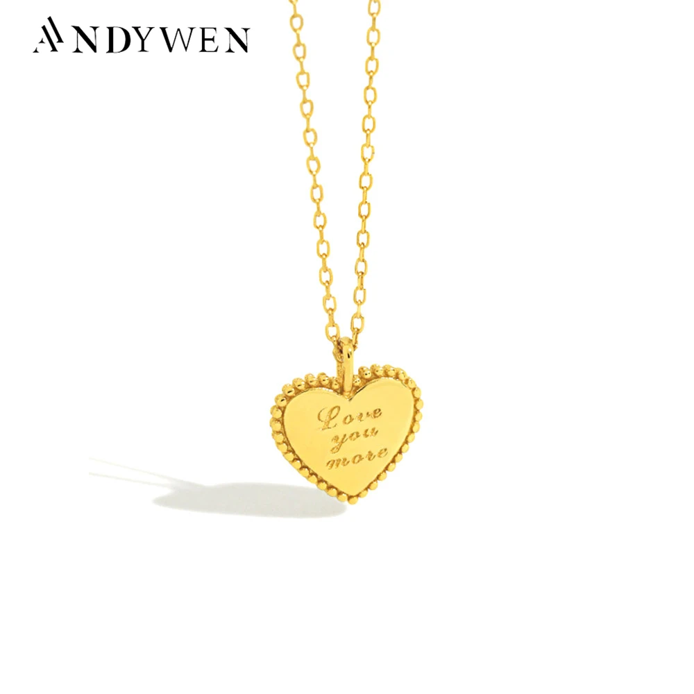 ANDYWEN New 100% 925 Sterling Silver love you Mate Pendant Love Heart Long Chain Necklace Women Fashion Luxury Jewelry Gift