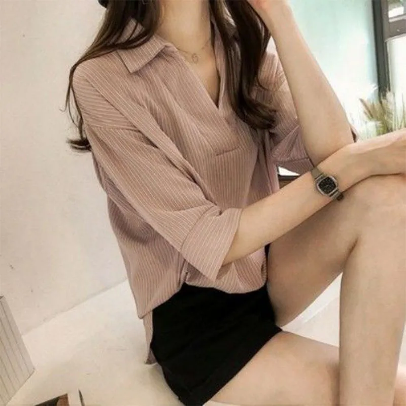 Spring Summer Fashion All-match Striped Chiffon Blouse Women Clothing Korean Version Casual Loose V-Neck Shirts Office Lady Tops