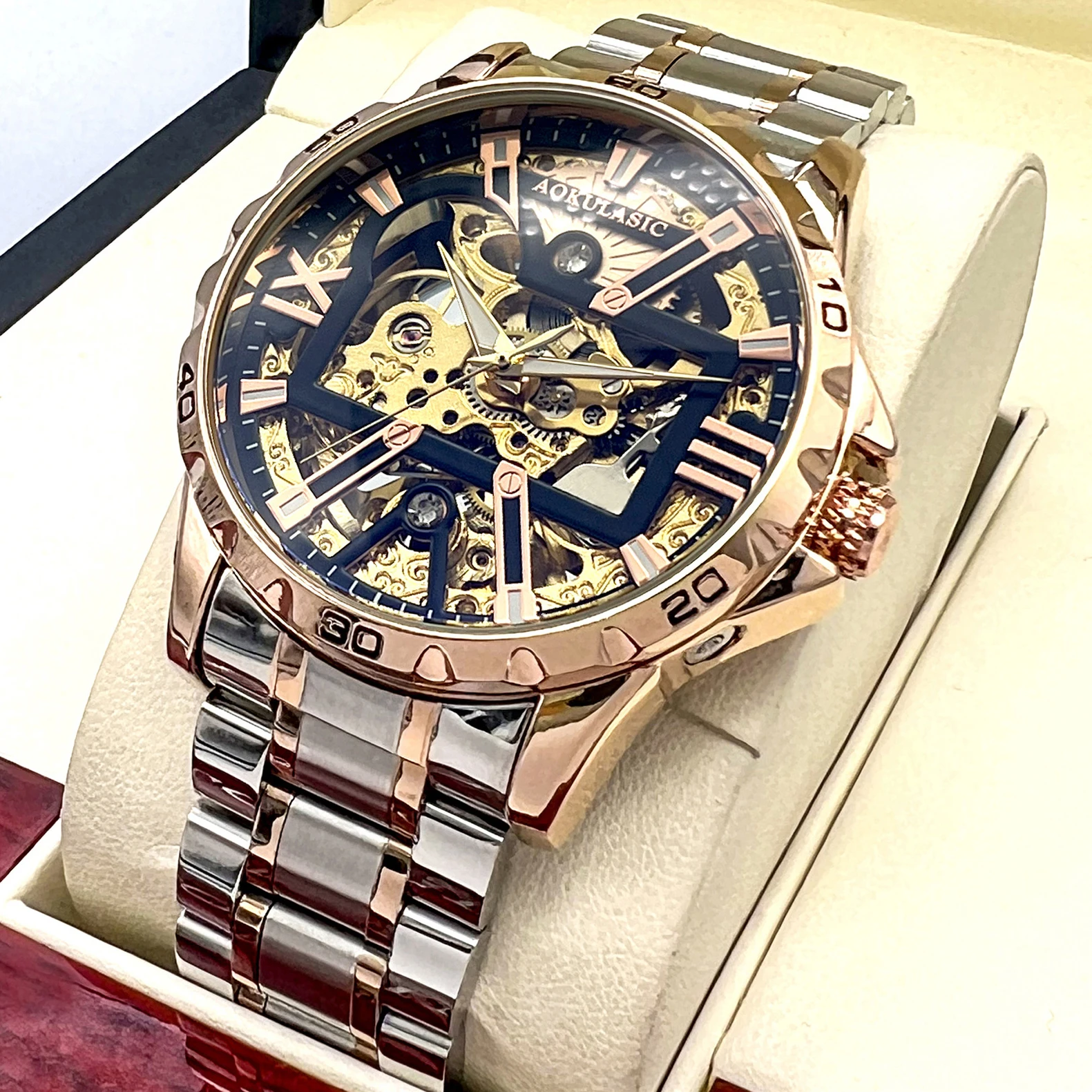 AOKULASIC موضة الهيكل العظمي الساعات الميكانيكية ارتفع الذهب حالة مضيئة الأيدي ساعات رجالي العلامة التجارية الفاخرة حزام من الجلد الصلب