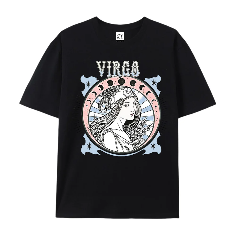 Virgo Zodiac Graphic T‑Shirt Retro Art Nouveau Astrology Moon Phase Print Vintage Casual Short Sleeve Horoscope Streetwear Top