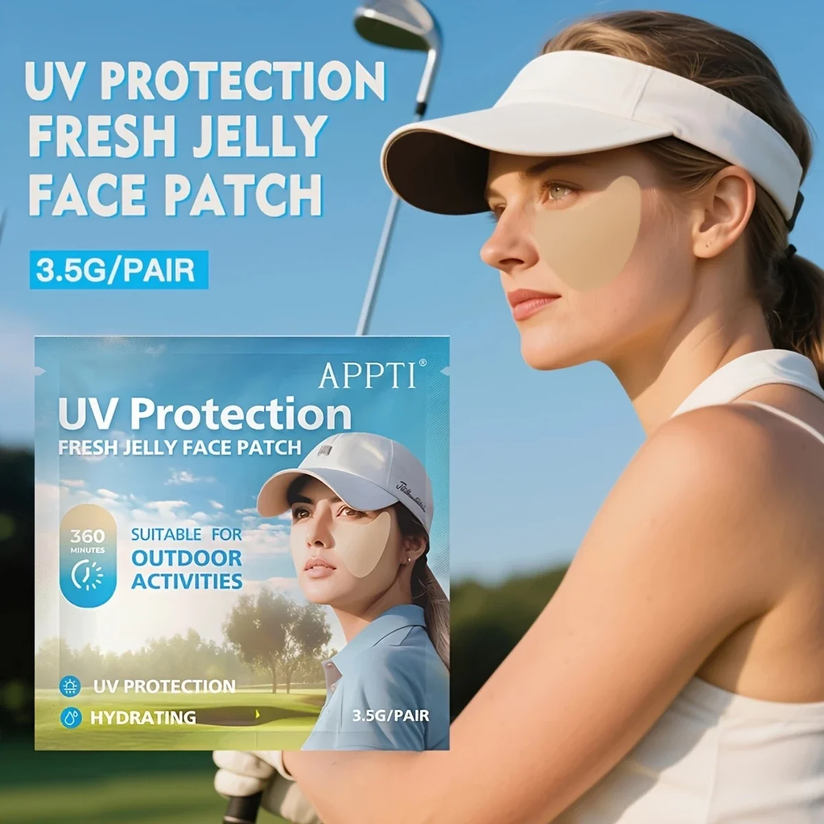 Eine Schachtel mit 5 Paar Golf-Schutz-Augenklappen zum Schutz von Outdoor-Sportarten, feuchtigkeitsspendende Gel-Gelee-Gesichtspflaster