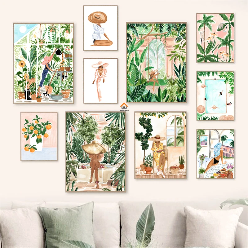 Fashion Moroccan Women Natural Tropical Jungle Oil Paintings Posters and Prints Boho Canvas Painting Nordic Wall Art Home Decor