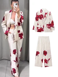 TRAF Elegant Print Blazer Suit Women 2024 Autumn Two 2 Piece Sets Outfits For Women 2024 Classic OL Work Street Outfit