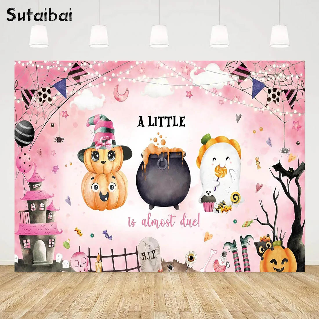 Halloween Boo Baby Shower Backdrop Banner A Little Boo Is Almost Due Girl Newborn Background Cartoon Pink Ghost Party Decoration