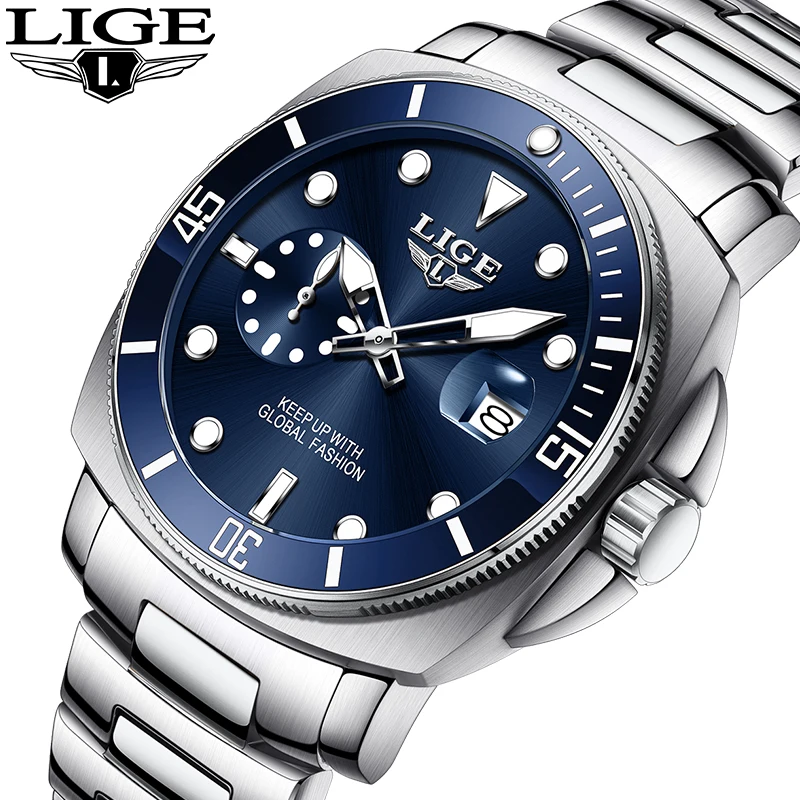

Мужские часы LIGE Luxury Classic: модные, из нержавеющей стали, повседневные, с календарем, водонепроницаемые, светящиеся, кварцевые, для мужчин.