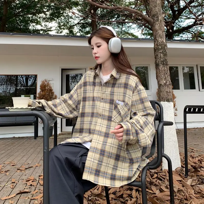 

Loose Plaid Long Sleeve Women's Shirt Vintage Style Casual Fashion plus Size Versatile Lazy Style High Design Sense Top