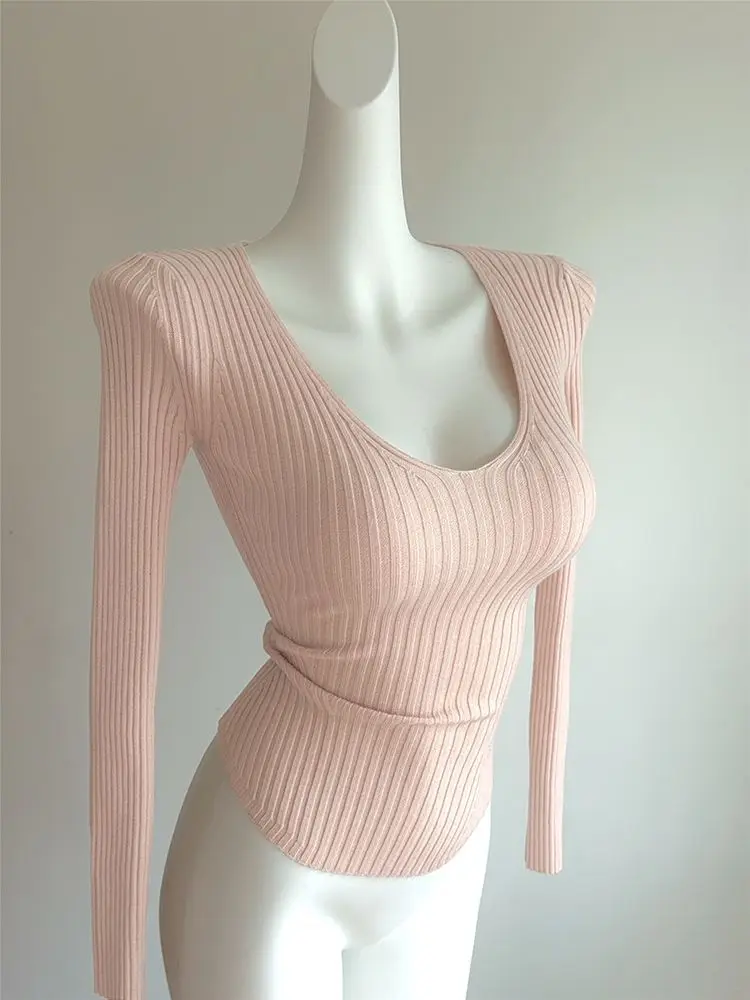 

Y2k Sweater Women Korean Style Simple Solid Slim Fit Versatile Crop Top Spring Sexy Waist Long Sleeve Knitted Pullover