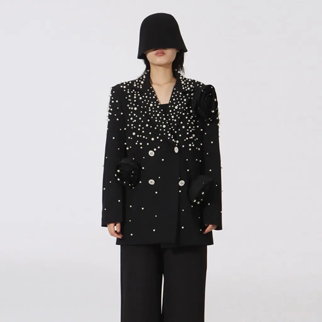 

Women's Slim-fit Suit Jacket Heavy Industry Beaded Three-dimensional Flower Design Light Luxury Fragrant Style for Spring Summer