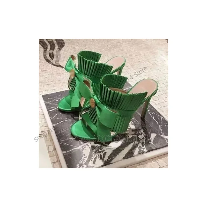 รองเท้าส้นสูงแบบเปิดนิ้วเท้า ดีไซน์จีบประดับโบว์หลากสี แฟชั่นใหม่ 2023 รองเท้าผู้หญิง