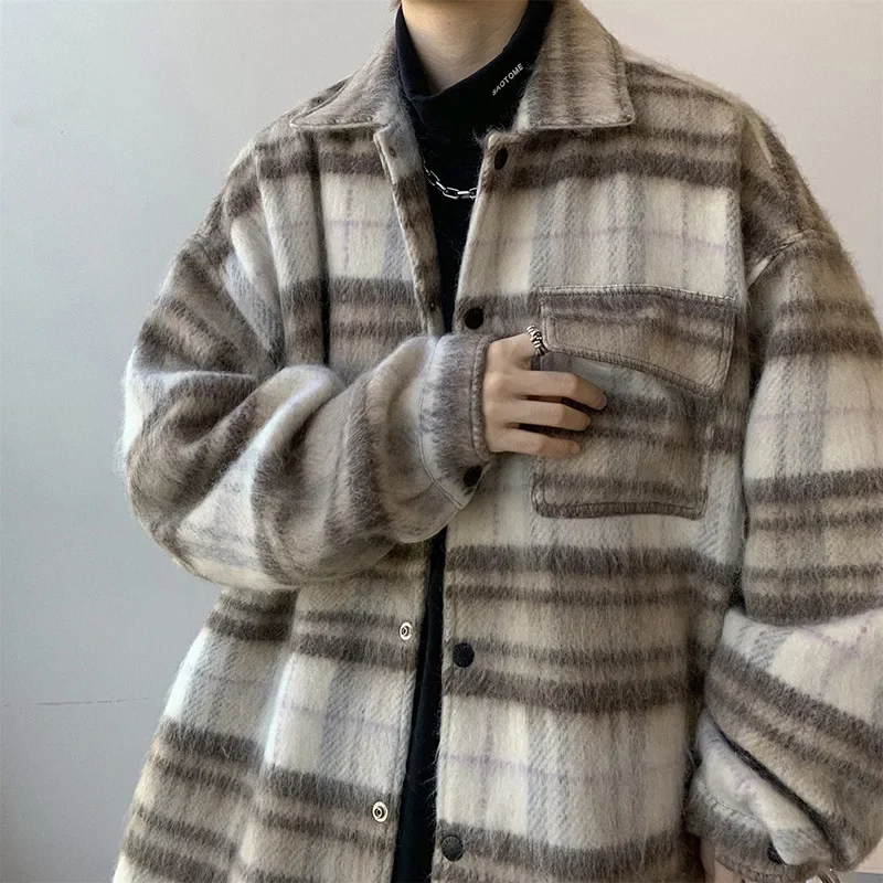 Small Fragrant Wind Fshion Thickened Woolen Coat, Men's Autumn and Winter New Design Sense Loose Warm Plaid Stand Collar Jacket