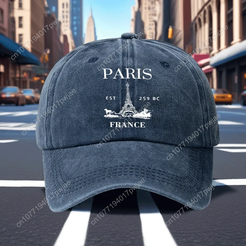Berretto da baseball lavato con stampa vintage della Torre Eiffel di Parigi da 1 pezzo, cappello da sole morbido con tesa curva casual, berretto sportivo di dimensioni regolabili, Fashi