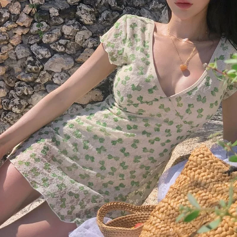 Summer Y2k One-piece Swimwuit Sexy V-neck Floral Print Puff Sleeve Beach Dress High Waist Tummy Control Bathing Suit for Women