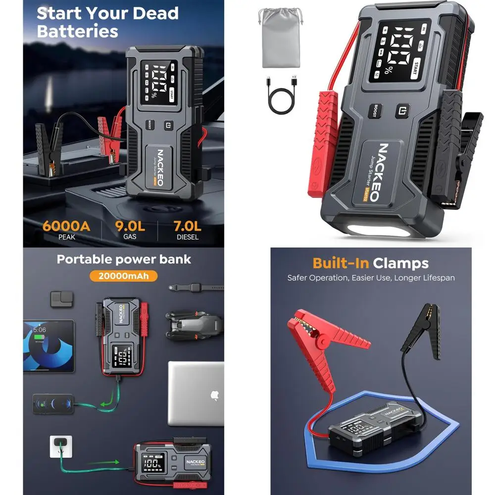 

Jump Starter 6000A, 12V Car Battery Jump Starter with Built-in Smart Jumper Cables, Car Jump Starter Jump Box Portable Jumper Ca