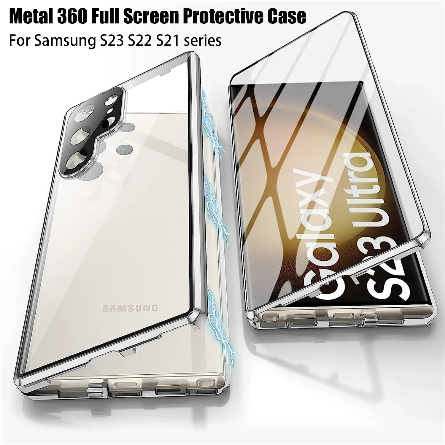 For Samsung Galaxy S21 S22 S23 Ultra Case 360° Metal Magnetic Full Surround With Screen Camera tempering Glass Protection Cover