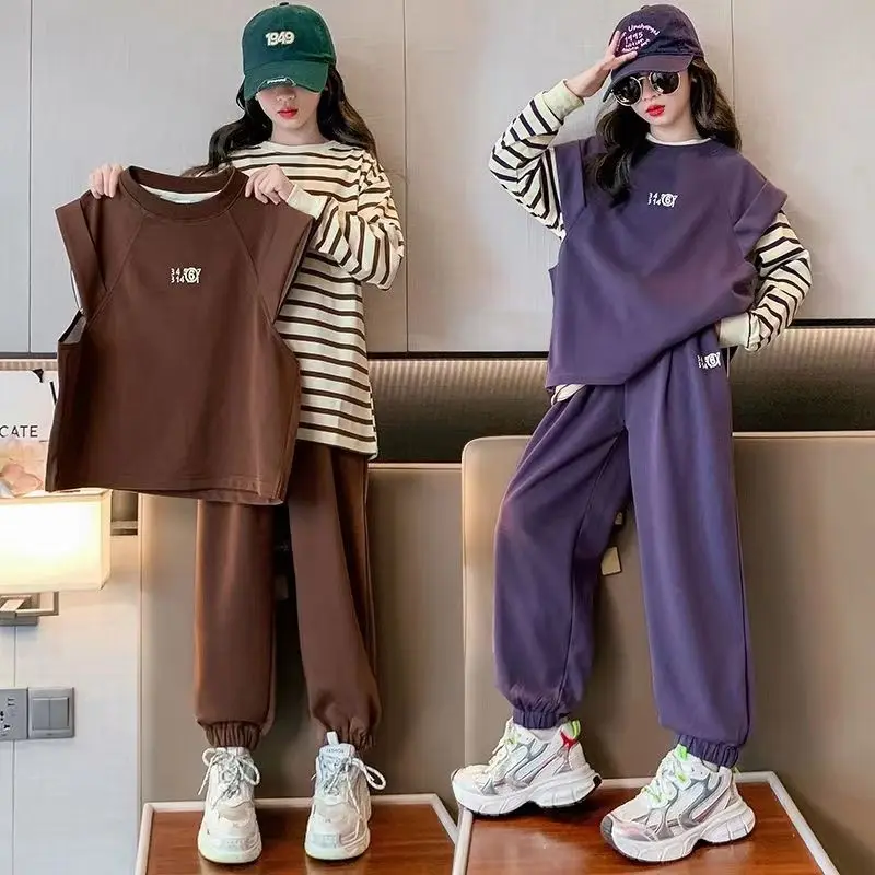 Girls Spring Autumn Casual 3pcs Vest+Long Sleeve Sweatshirt+Pants Sports Suits 4-14 Years Teenage Kids Leisure Clothes Sets