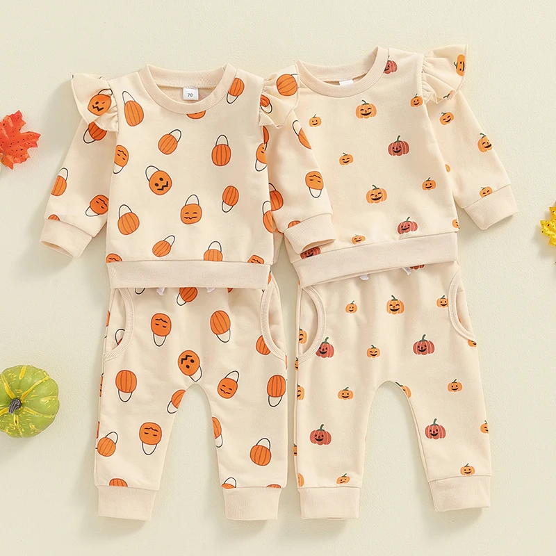 Toddler Clothes Baby Girl Fall Halloween Outfit Pumpkin Print Long Sleeve Pullover Pants  Set 2 Pcs Baby Clothing