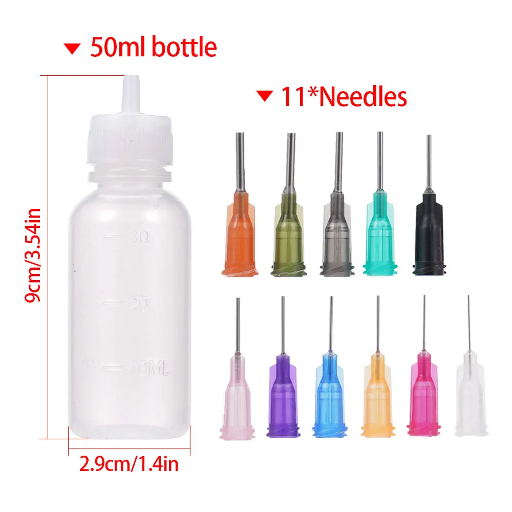 Botella de Alcohol con flujo de colofonia de plástico, e-líquido vacío, 30/50ml, para dispensador de colofonia, pasta fundente de soldadura + 11 agujas, piezas de herramientas