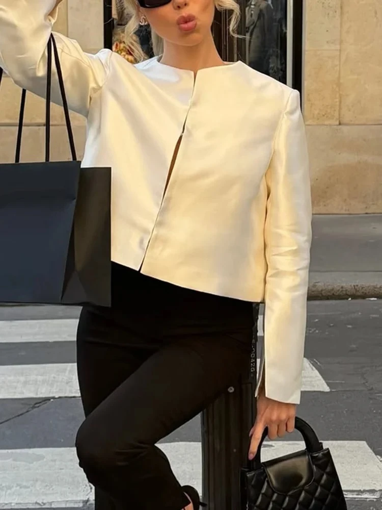 Luxury Satin Crop Blouse Mandarin Collar Long Sleeve Button Front Draped Solid Color Going Out Date Party Slim Fit Women Blouse