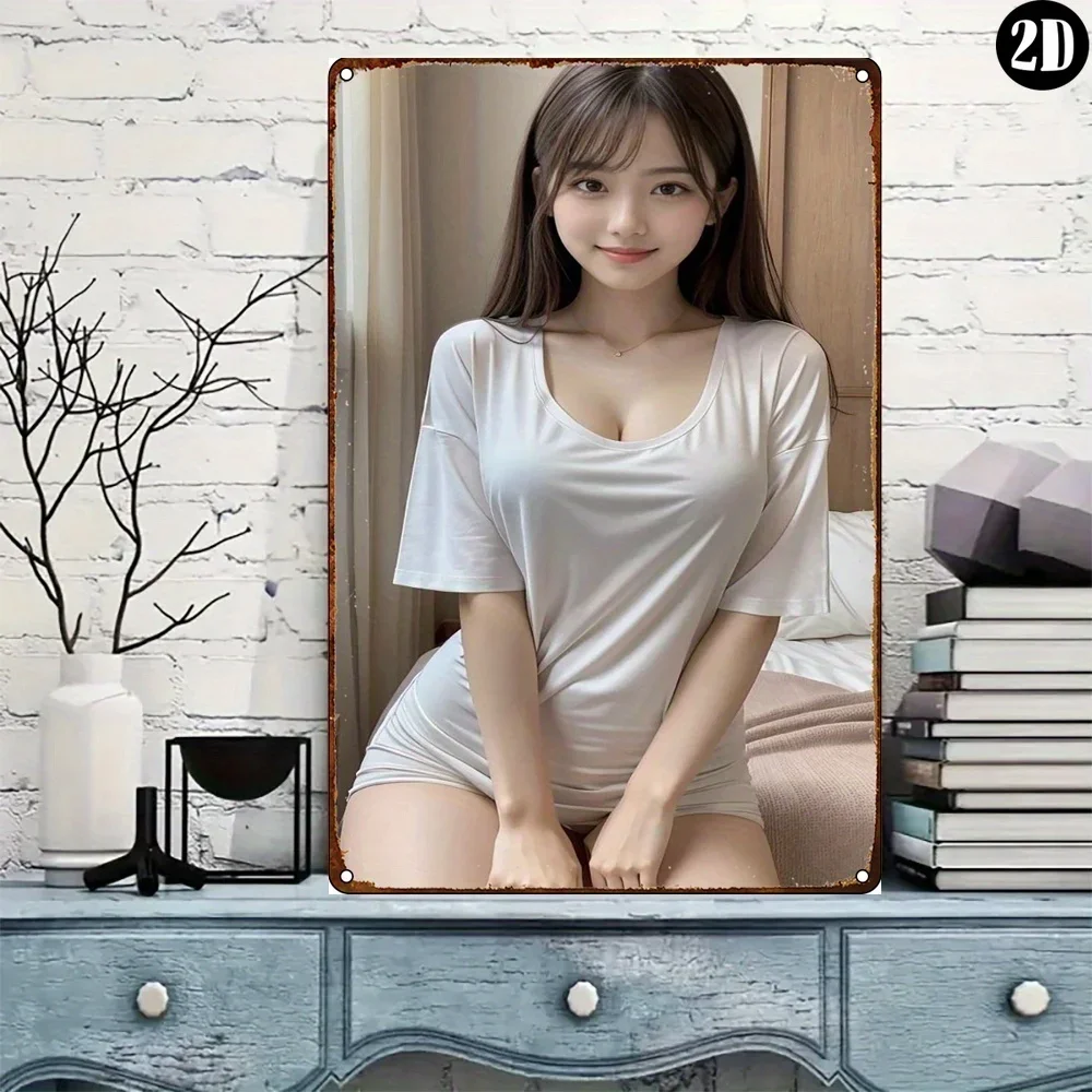 Vintage Sweet Asian Woman Metal Tin Sign - Retro Gentle Girl with Long Brown Hair & Bangs in White Short Sleeve T-Shirt Dress