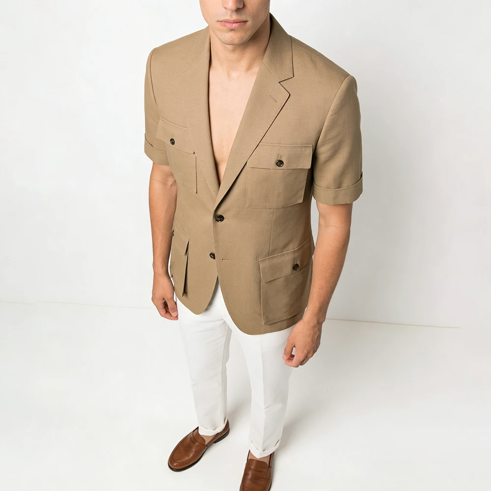 

Мужской летний костюм-двойка: пиджак с коротким рукавом и брюки с разрезом сзади, пошитый на заказ, повседневный и деловой, полный комплект