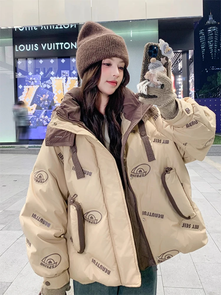 

Женская утепленная куртка из хлопка цвета хаки с принтом, корейский стиль, свободный крой, с капюшоном, на молнии, зимняя модная модель