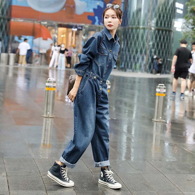 Autumn Overalls for Women Denim Jumpsuit Long Sleeve Bandage Streetwear Hip Hop Straight Cowboy One Piece Jeans Sets Overalls