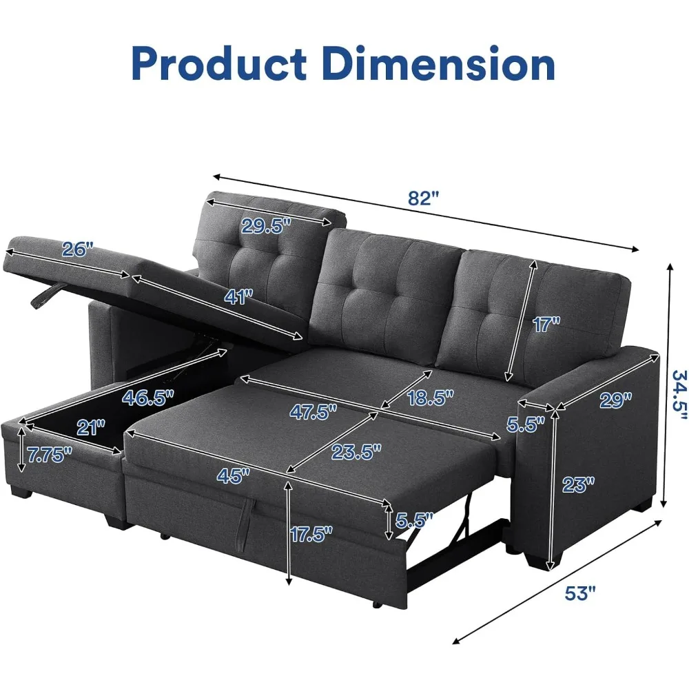 4-in-1 Convertible L Shaped Couch with Pull Out Bed and Storage Sectional Sleeper Sofa with Reversible Chaise for Living