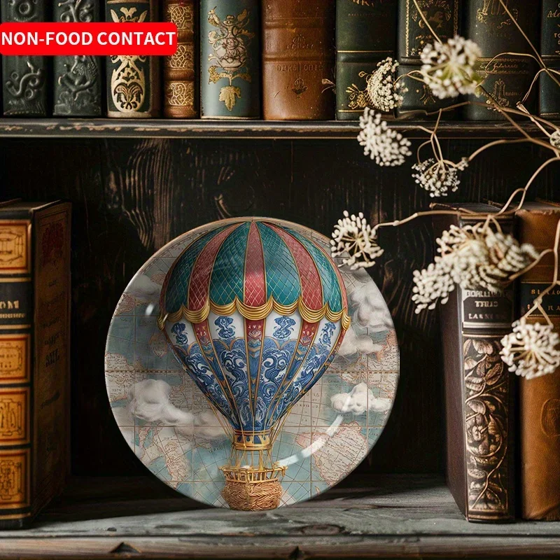 1pcHot Air Balloon Map Ceramic Decorative Plate Wall Hanging Art Piece for Living Room Study Non-Food Contact Nordic Style Home