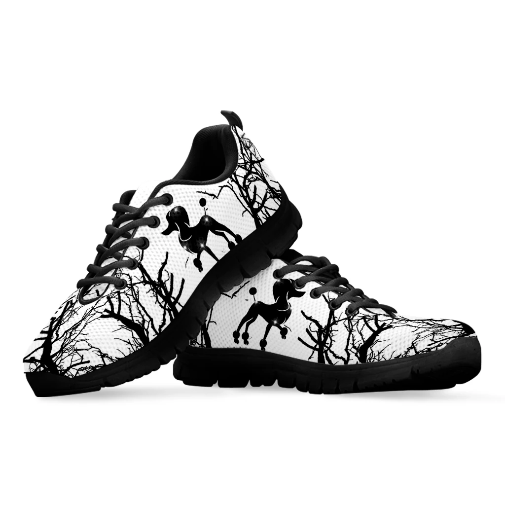 INSTANTARTS Fashion Black Branch Design Poodle Print Summer Comfortable Breathable Shoes White Sport Shoes Zapatos Planos