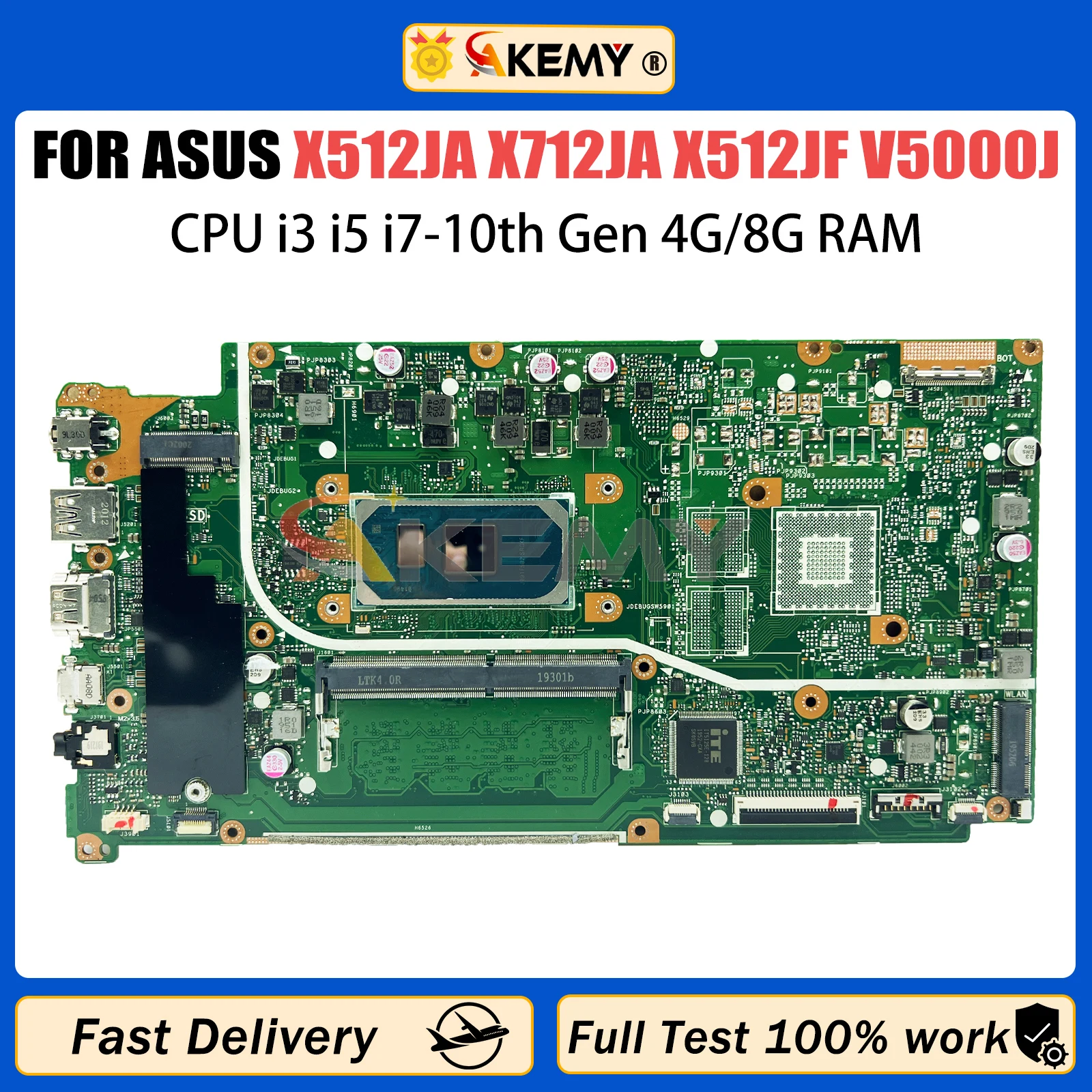 

AKEMY X512JA Mainboard For Asus VivoBook X712JA V5000J X512JP X512J V5000JP X712J Laptop Motherboard i3 i5 i7 10th CPU 4G/8G-RAM