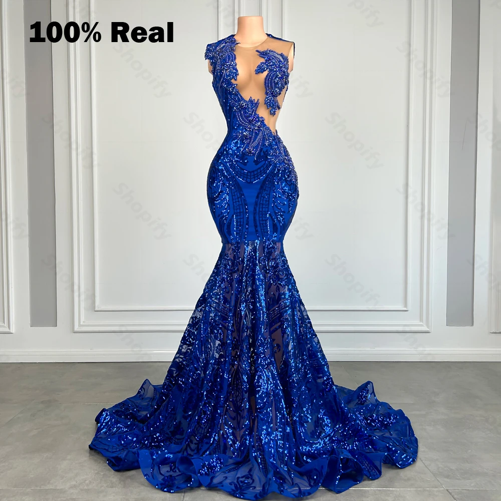 Elegant Royal Blue Mermaid Prom Dress For Black Girl Sparkly Lace Sequined African Women Long Prom Birthday Gowns Customized