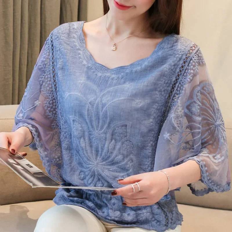 Spring Casual Chiffon Blouse Woman Half Sleeve Butterfly Flower Shirts for Women Fashion  Cotton Lace O-Neck Loose Tops 4073