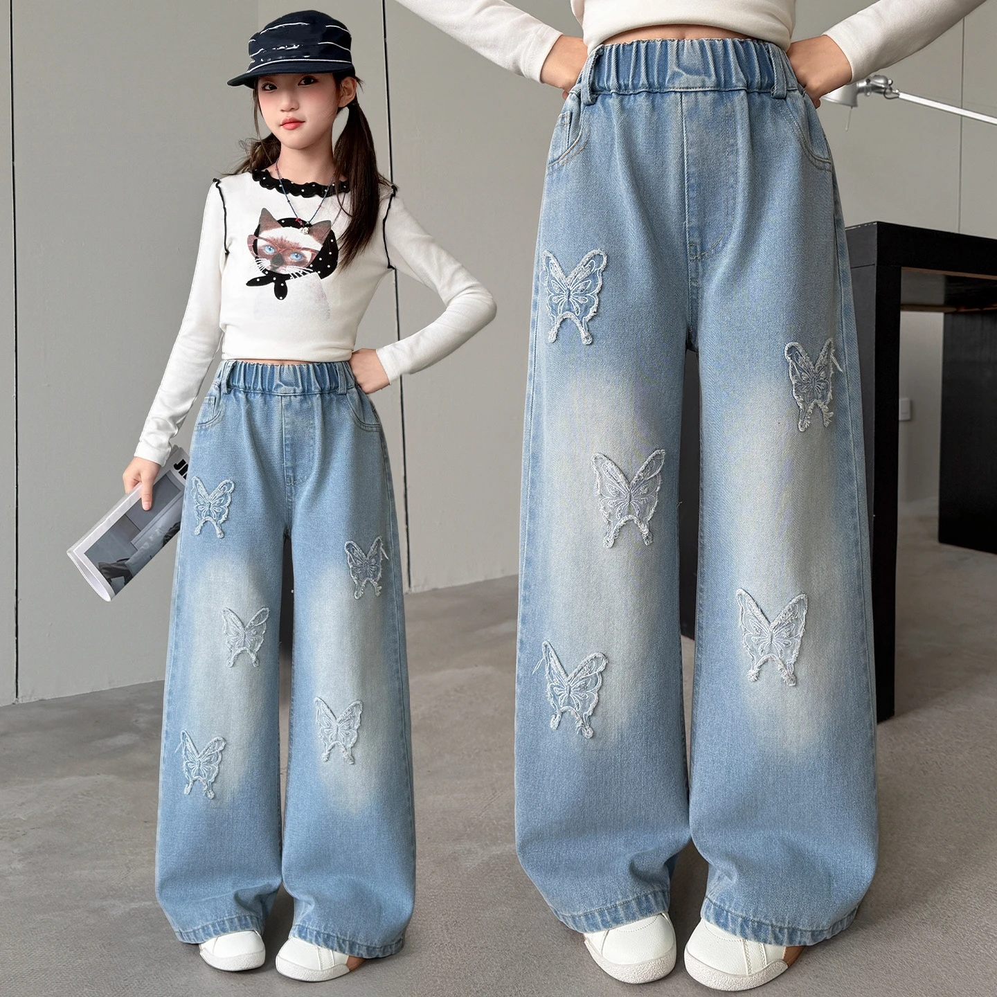 New Big Hot Deals Girls Fashion Butterfly Embroidered Denim Wide Leg Pants High Waist Korea Style Long Jeans Teens Trousers
