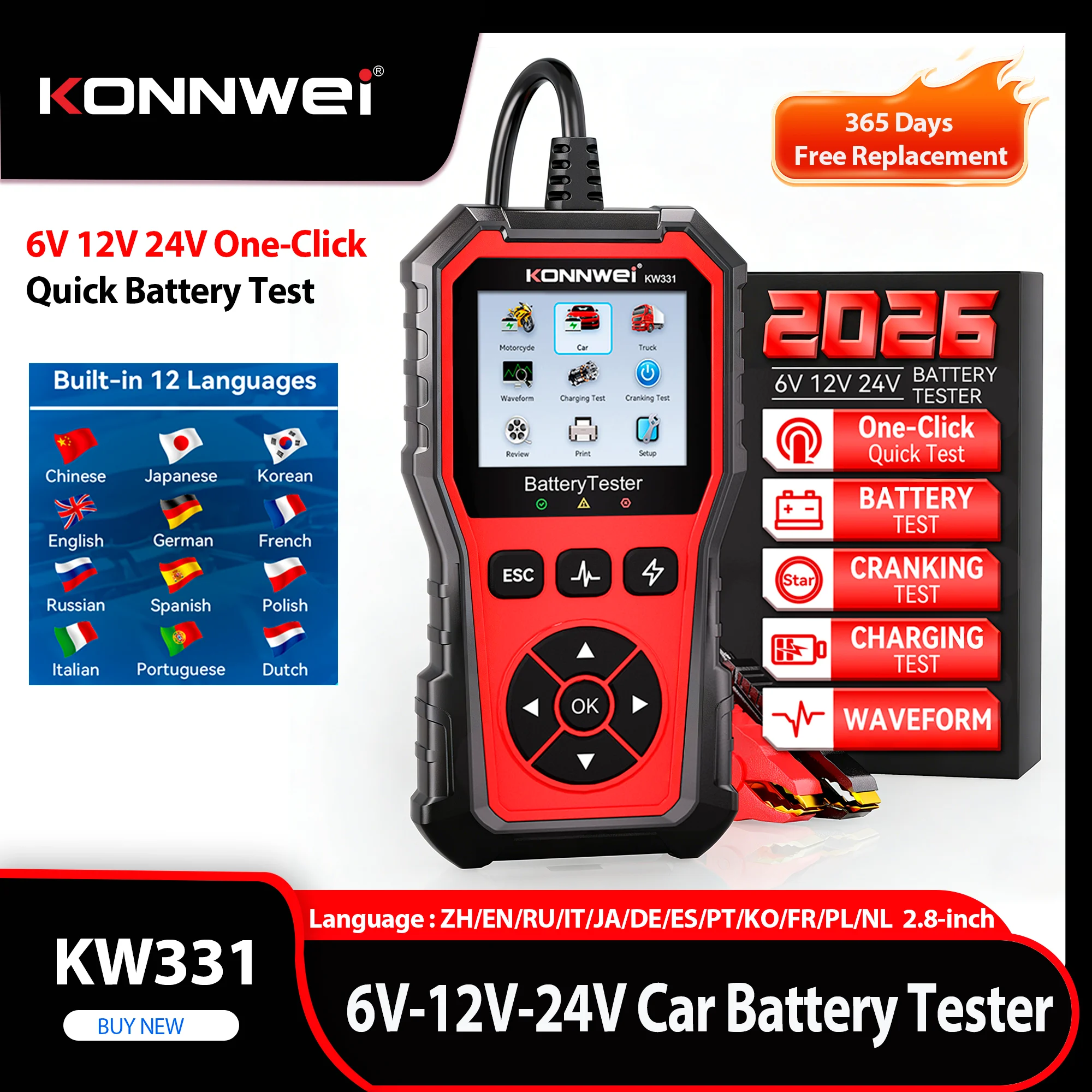 

Автомобильный тестер аккумуляторов KONNWEI KW331 2026 года, 6В/12В/24В, 100-2000 CCA, анализатор токов разряда/заряда и схем зарядки, инструмент для диагностики АКБ