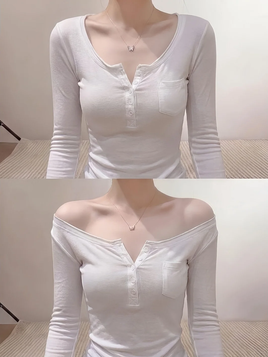Slim Fit Henry Collar Roll up Sleeve Long T-Shirt Women's Inner Wear Grey Purple U Neck Pocket Base Shirt Casual Style Top