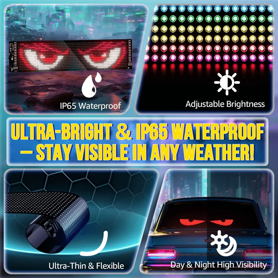 High-Brightness Devil's Eye LED Windshield Display, Programmable LED Matrix Panel, USB Powered with Remote & App Control, for Sedans, SUVs and Medium Trucks