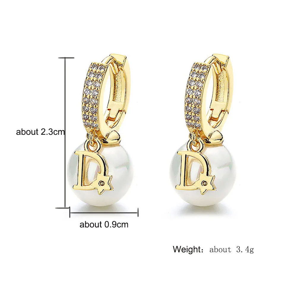 ZAKOL Korean Fashion Pearl Drop Earrings for Women Luxury Elegant Shiny Zircon D-letter Charm Hoop Earring Wedding Jewelry image 5