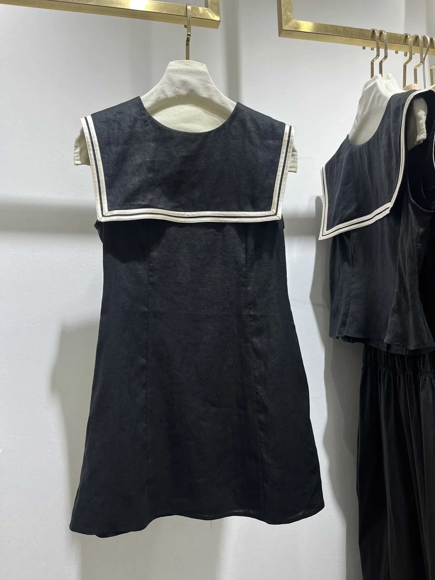 Vestido corto de lino sin mangas para mujer, minivestido elegante de cintura alta con cuello marinero para verano