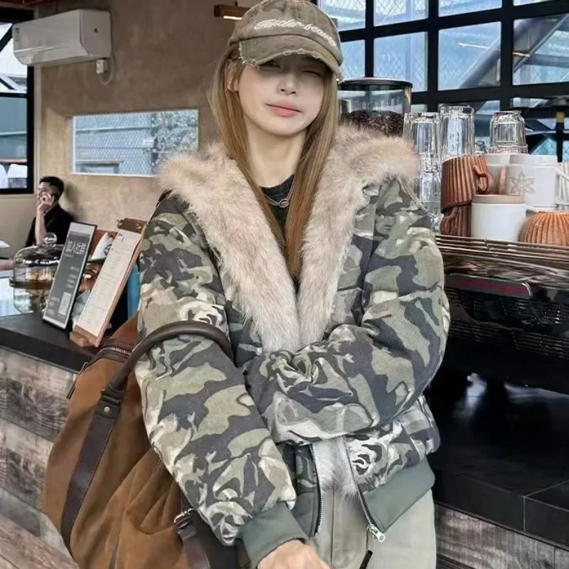 Women\'s Padded Jackets Hooded Plush Patchwork Camouflage Faux Fur Casual Thickened Male Coats New Winter