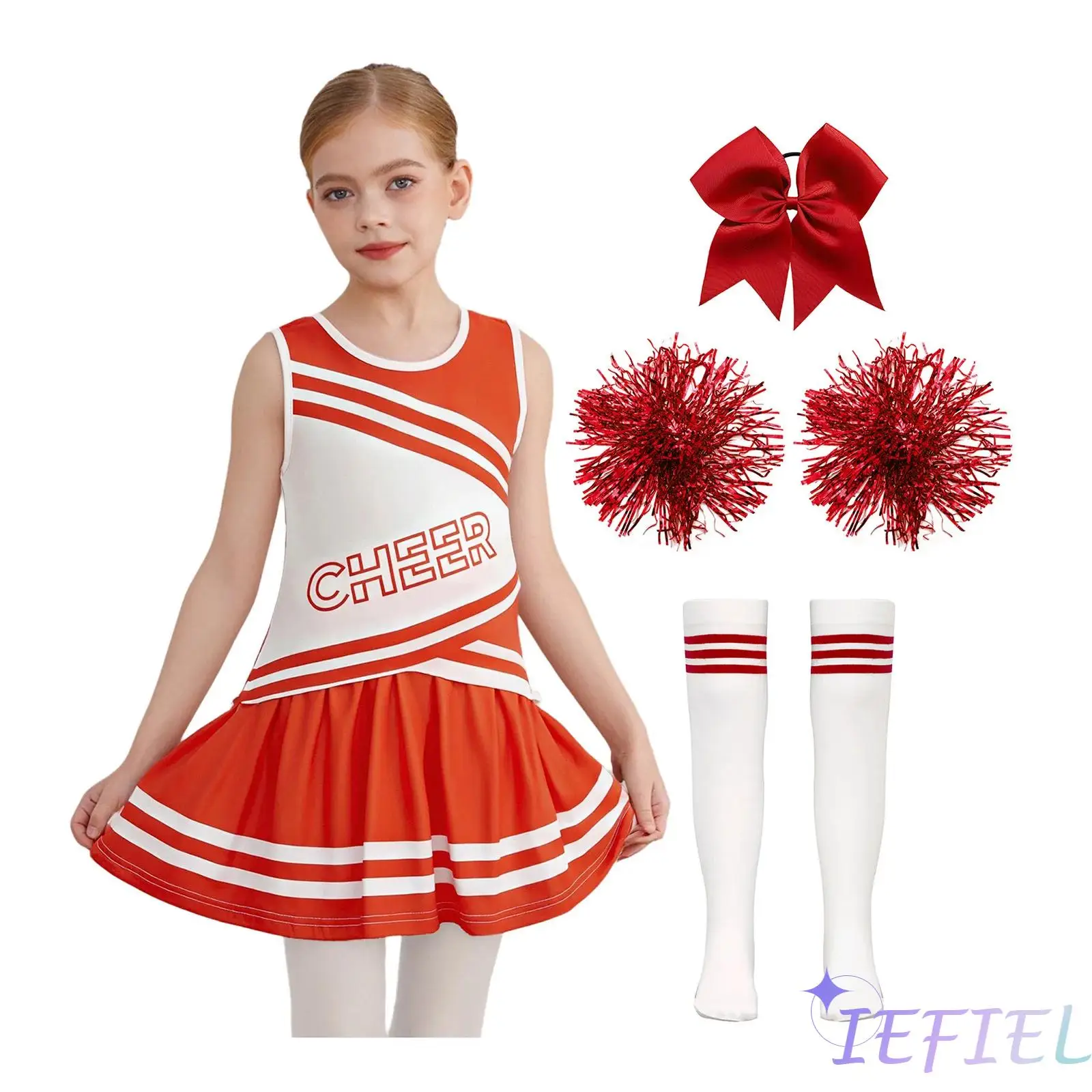 Cheer Leader-Kostüm für Mädchen, Uniform-Set, ärmellose Oberteile mit Rundhalsausschnitt, Faltenrock und Haargummis, Stirnband, Blumenkugeln, Socken