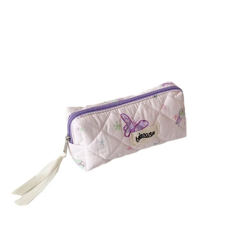 1 Piece Korean Fashion Aesthetic Butterfly Pencil Case Print Floral Pink Purple Color Stationery Storage School Student Pen Bag